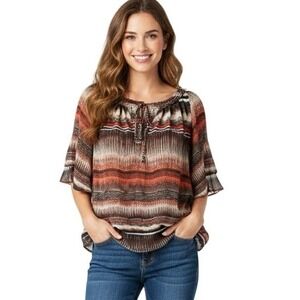 Ariat Top Womens‎ Small Multicolor Tie Split Neck Blouse Shirt Farm Rio Boho Hip